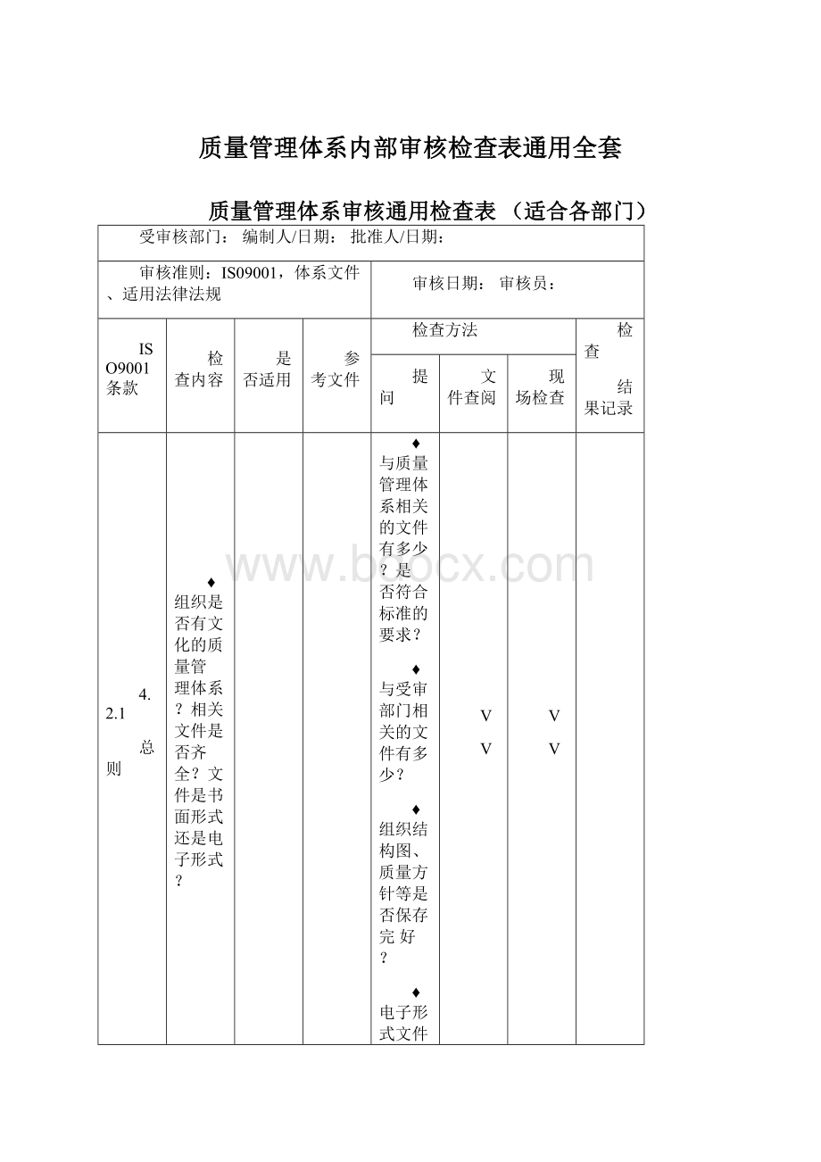 质量管理体系内部审核检查表通用全套.docx_第1页