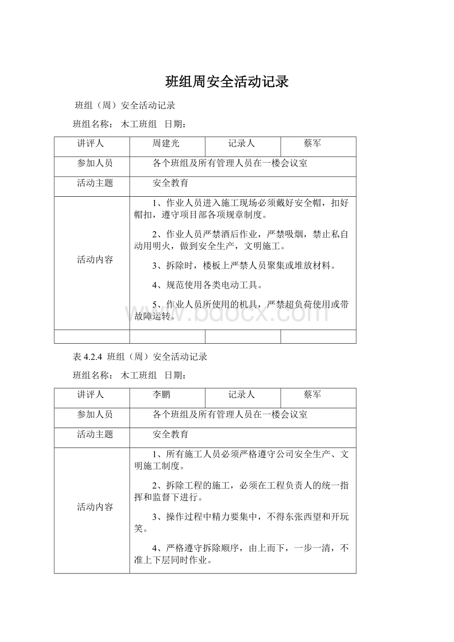 班组周安全活动记录.docx