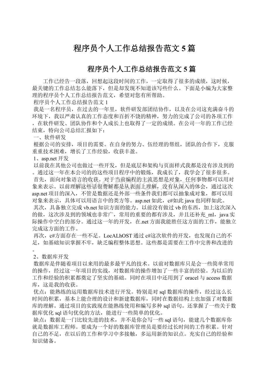 程序员个人工作总结报告范文5篇文档格式.docx