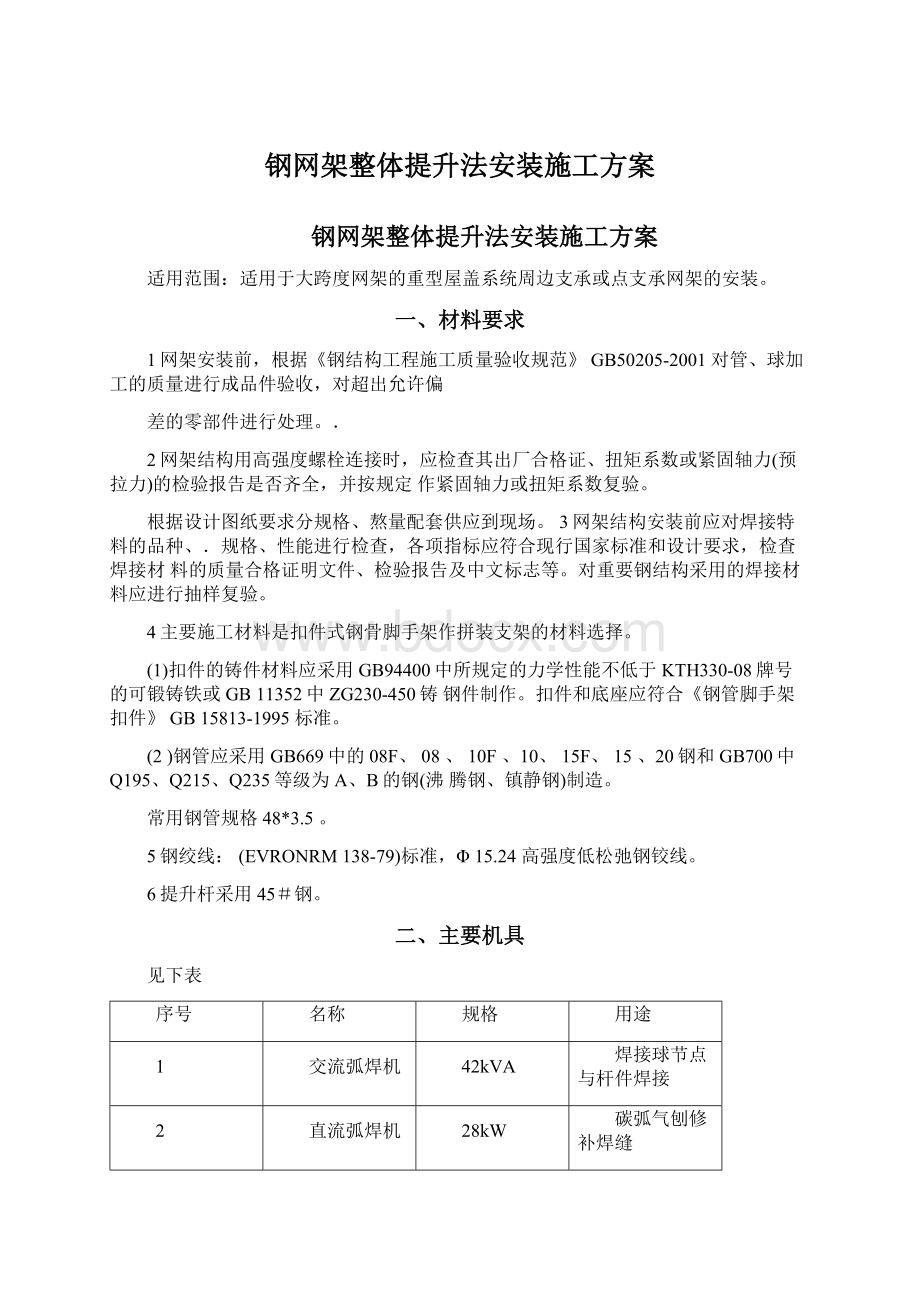 钢网架整体提升法安装施工方案Word下载.docx_第1页