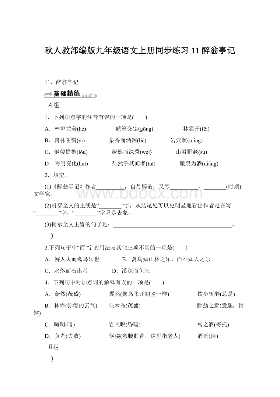 秋人教部编版九年级语文上册同步练习11醉翁亭记.docx_第1页