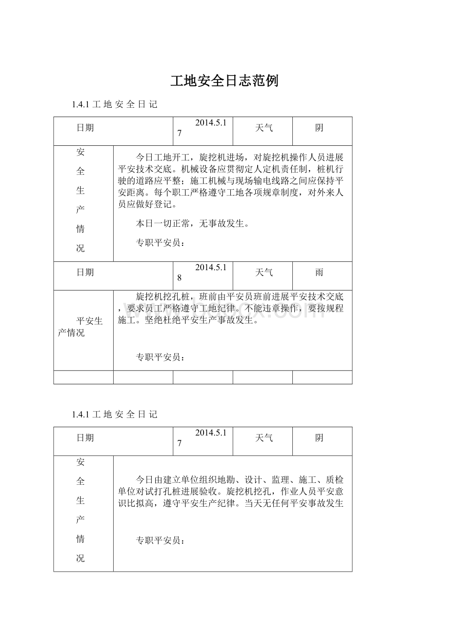 工地安全日志范例.docx_第1页