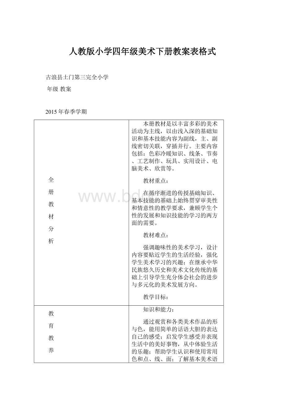 人教版小学四年级美术下册教案表格式Word下载.docx_第1页