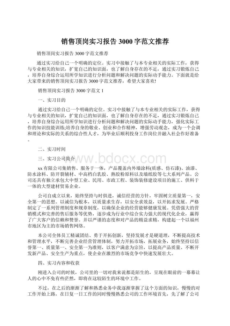 销售顶岗实习报告3000字范文推荐.docx_第1页