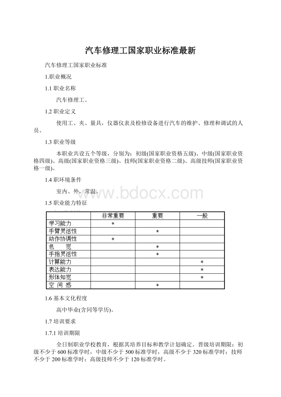 汽车修理工国家职业标准最新Word文件下载.docx_第1页