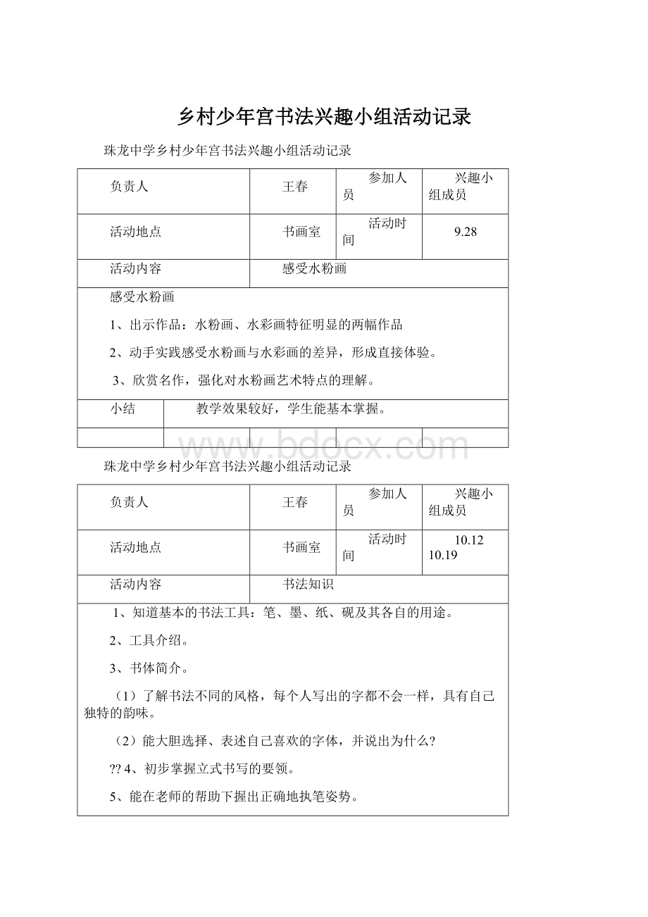 乡村少年宫书法兴趣小组活动记录Word文档下载推荐.docx