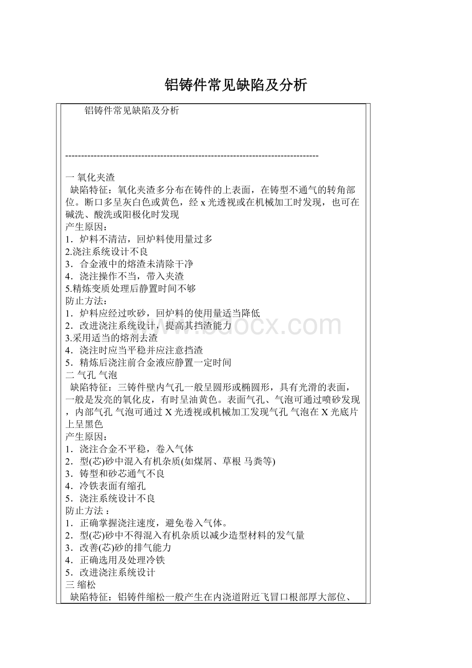 铝铸件常见缺陷及分析Word文件下载.docx