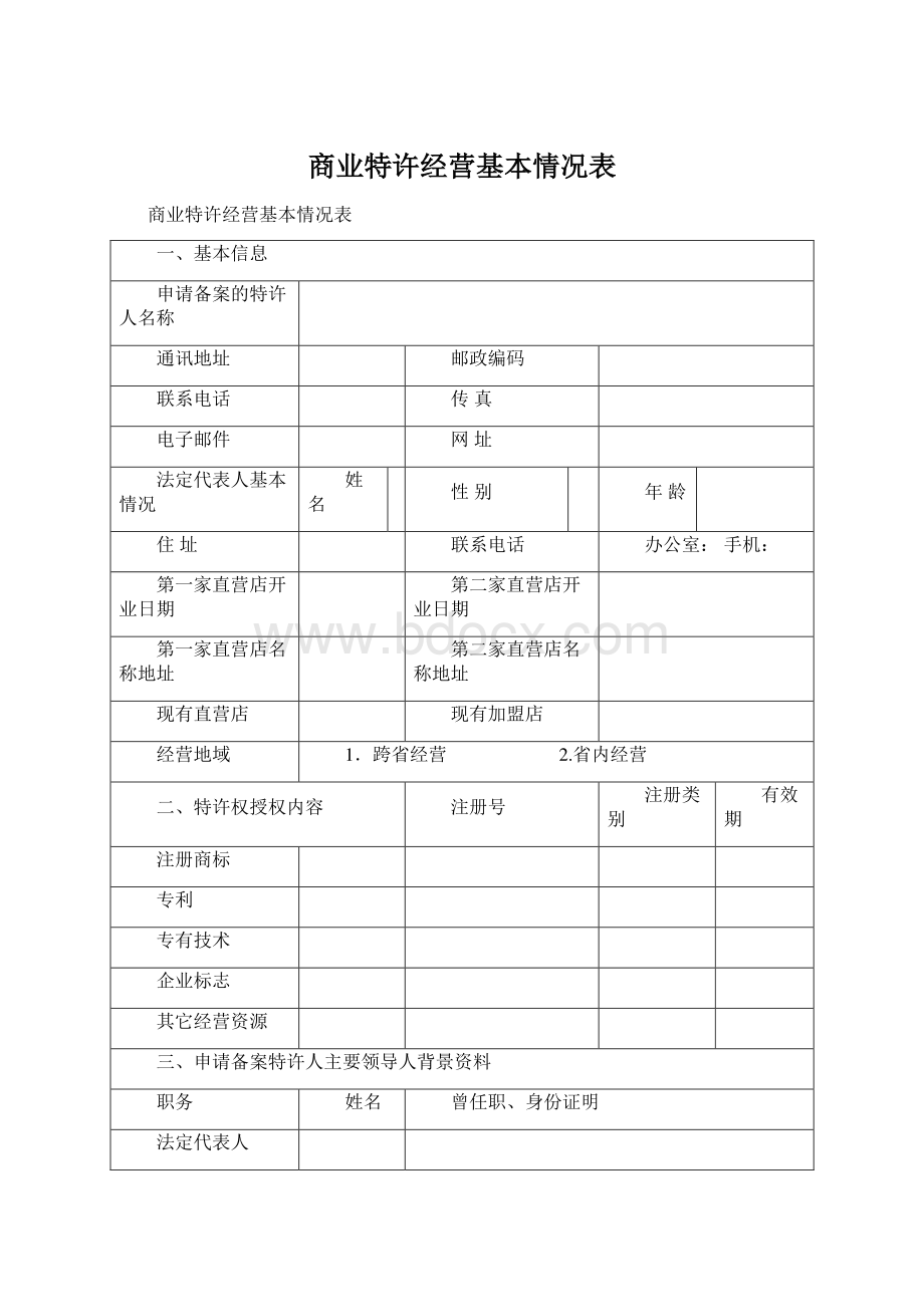 商业特许经营基本情况表Word文档下载推荐.docx