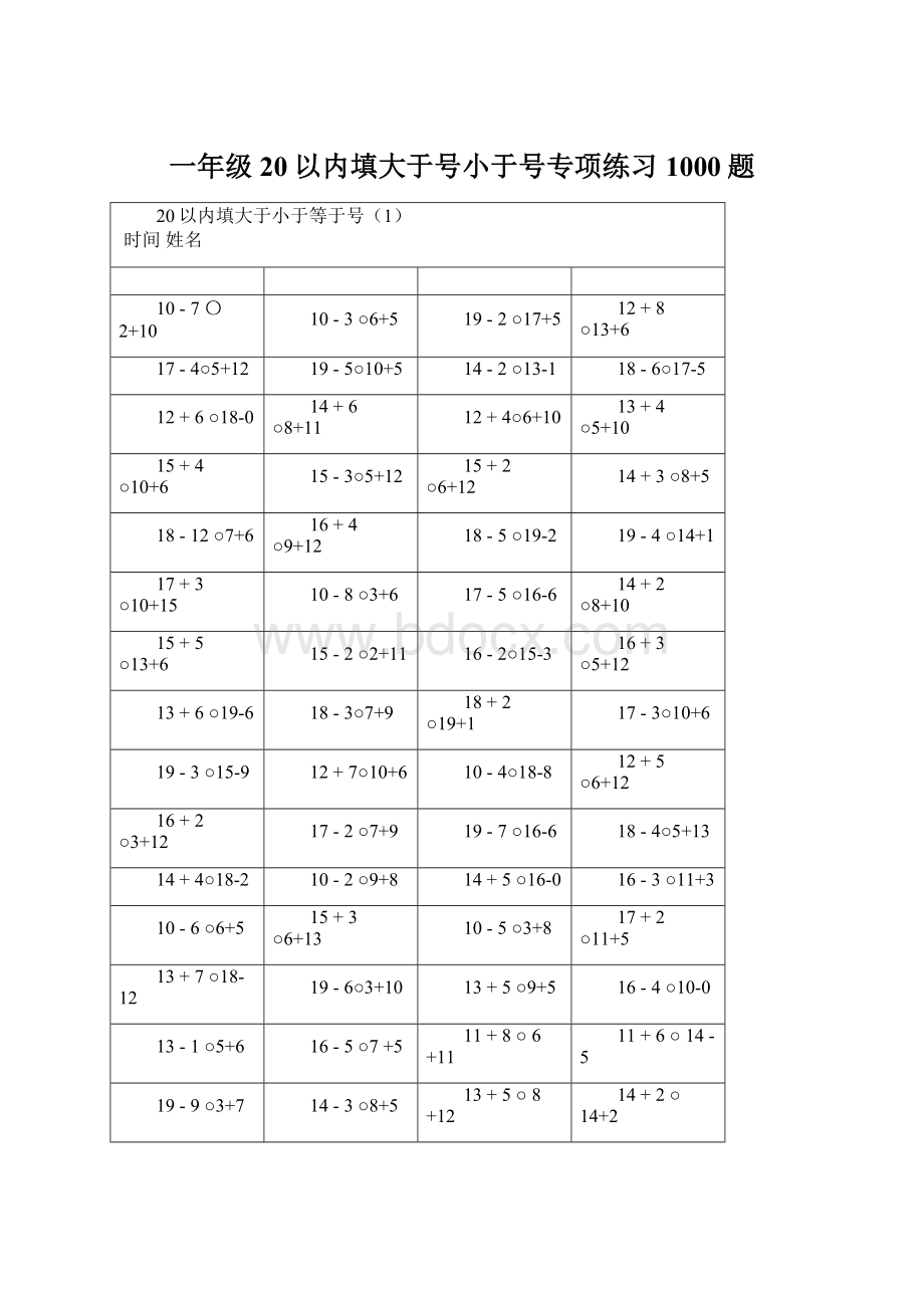 一年级20以内填大于号小于号专项练习1000题.docx_第1页