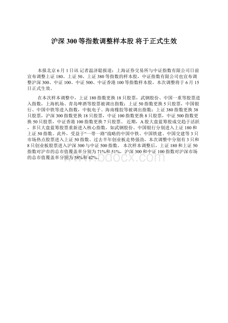 沪深300等指数调整样本股 将于正式生效.docx