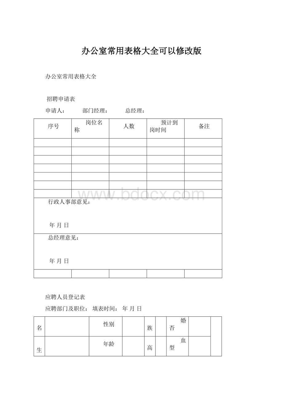 办公室常用表格大全可以修改版Word文档格式.docx