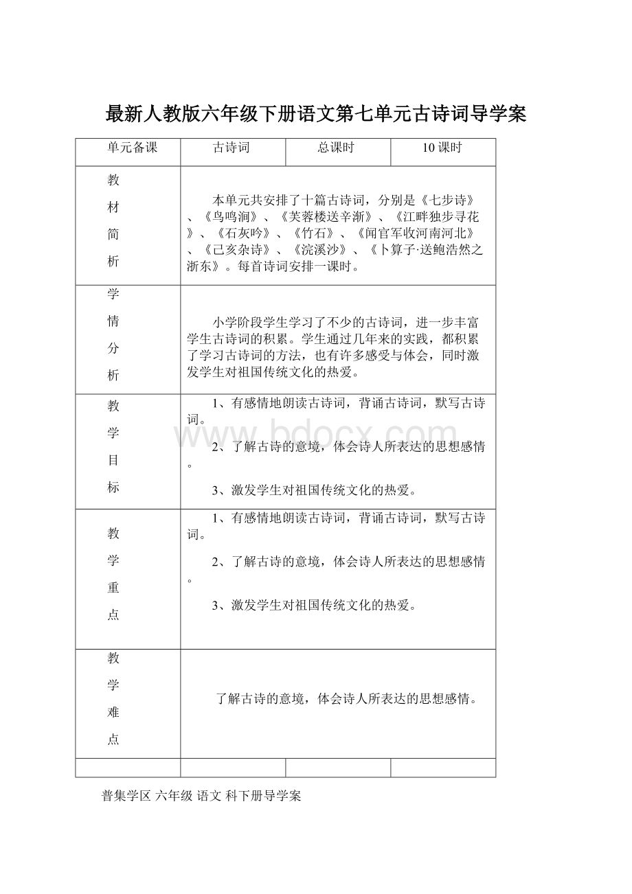 最新人教版六年级下册语文第七单元古诗词导学案Word格式.docx