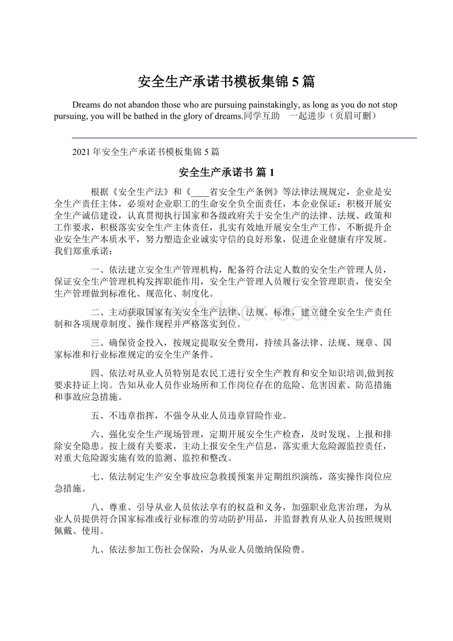 安全生产承诺书模板集锦5篇文档格式.docx