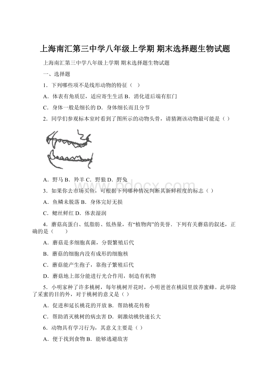 上海南汇第三中学八年级上学期 期末选择题生物试题.docx