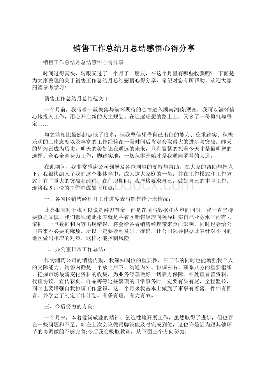 销售工作总结月总结感悟心得分享.docx