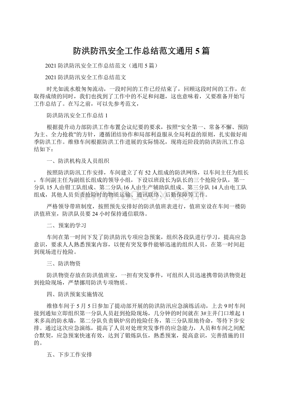 防洪防汛安全工作总结范文通用5篇Word格式.docx