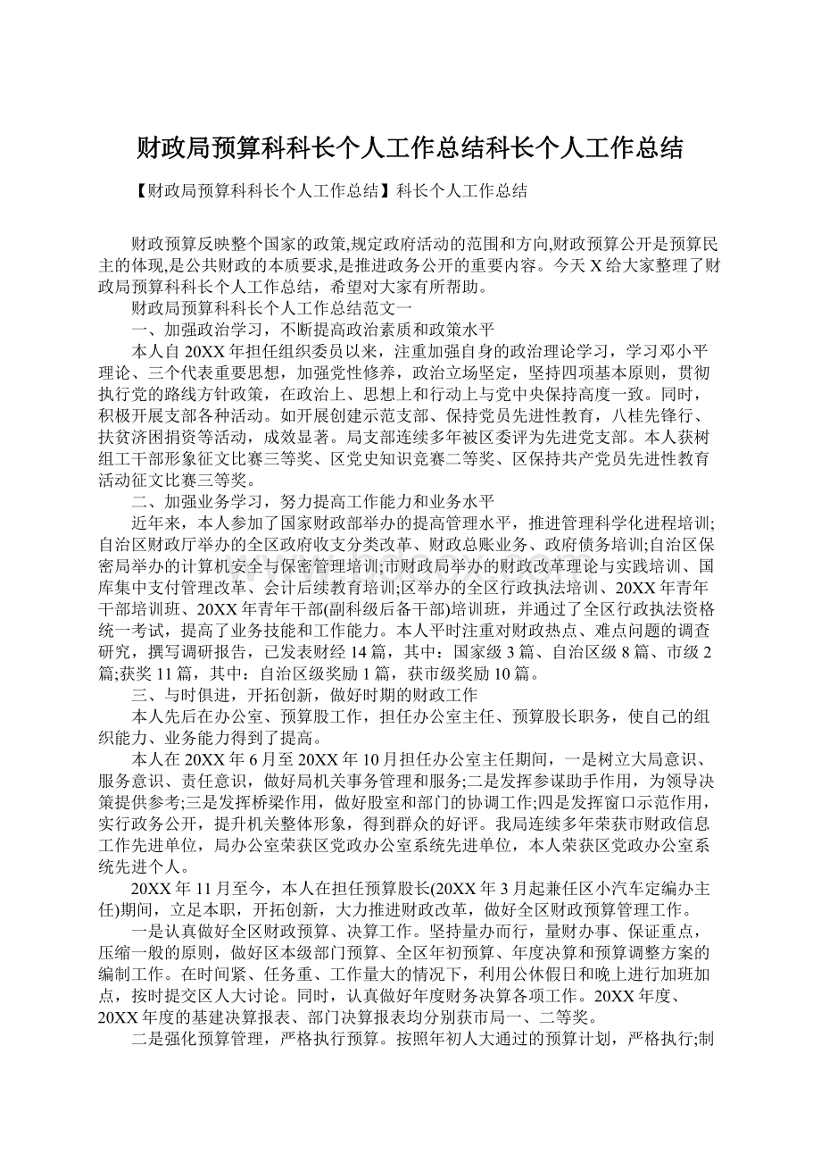 财政局预算科科长个人工作总结科长个人工作总结Word文件下载.docx_第1页