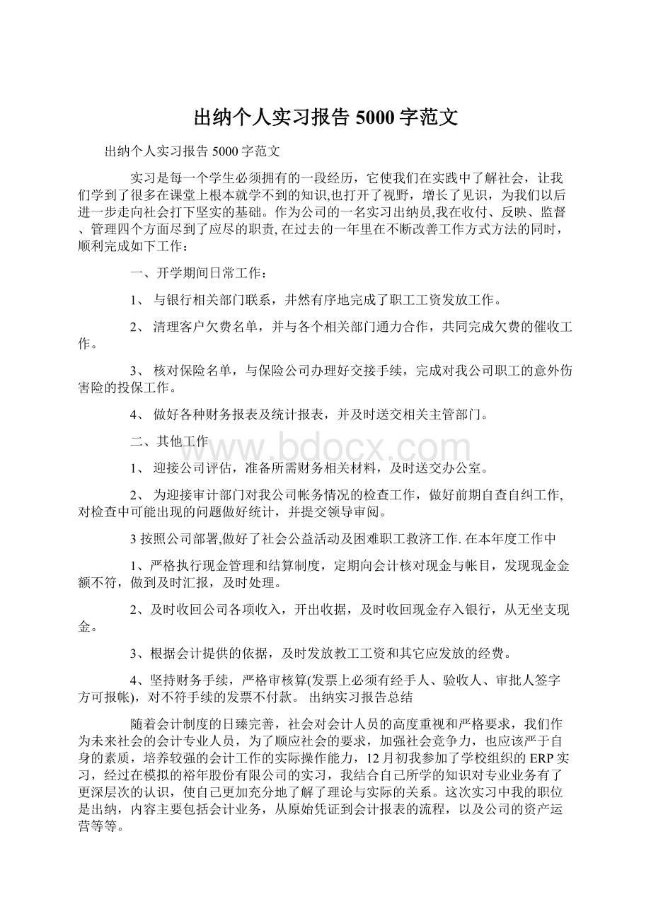 出纳个人实习报告5000字范文Word格式文档下载.docx