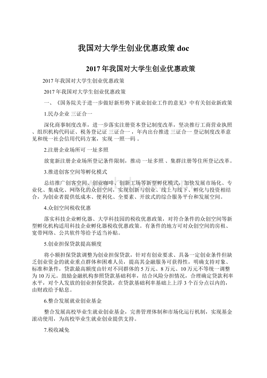 我国对大学生创业优惠政策docWord文件下载.docx