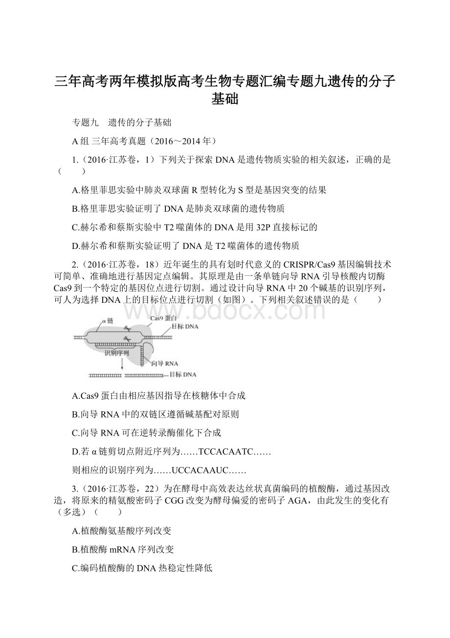 三年高考两年模拟版高考生物专题汇编专题九遗传的分子基础.docx_第1页