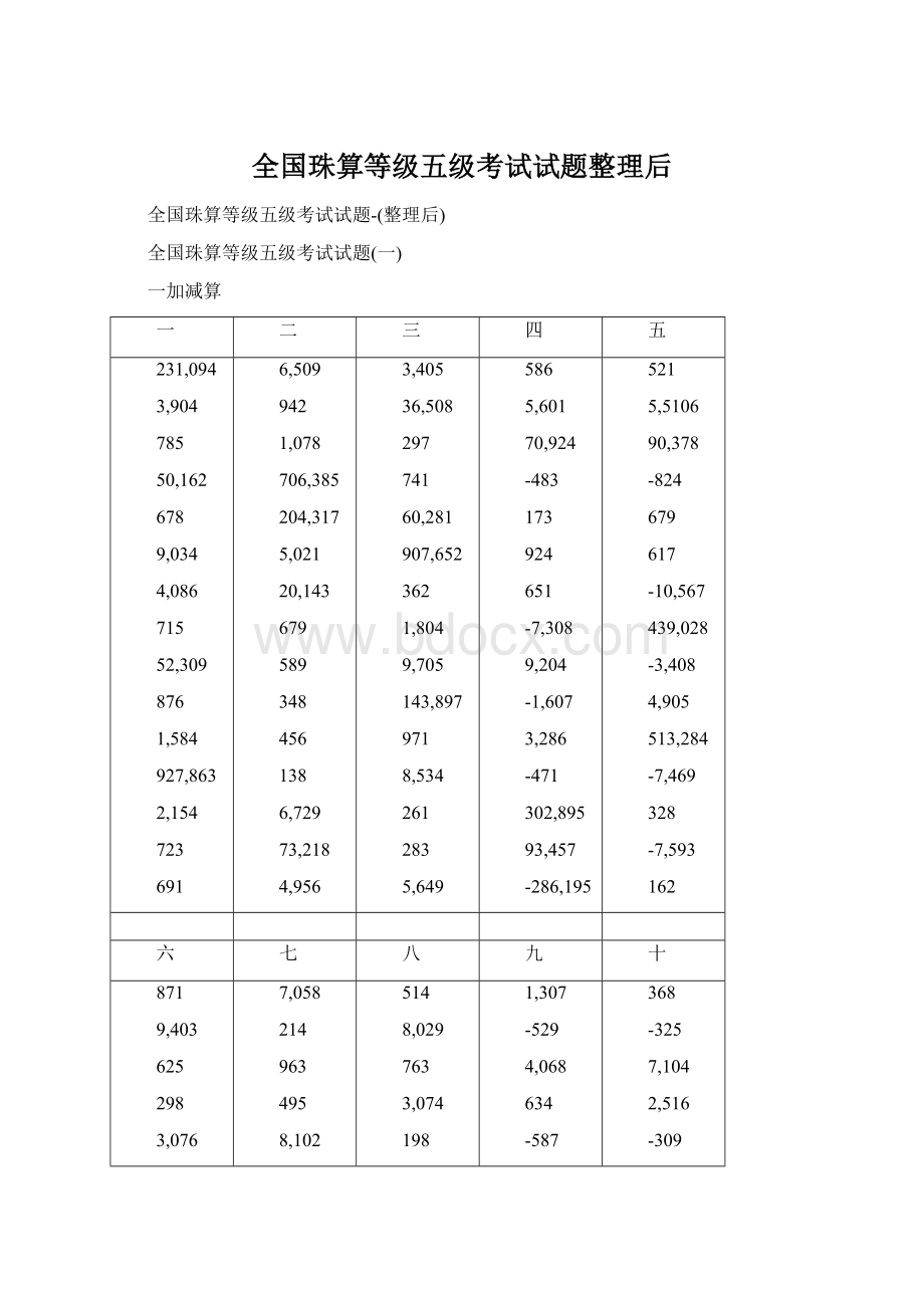 全国珠算等级五级考试试题整理后.docx_第1页