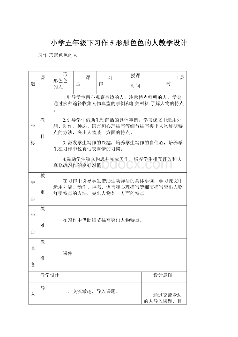 小学五年级下习作5形形色色的人教学设计.docx_第1页