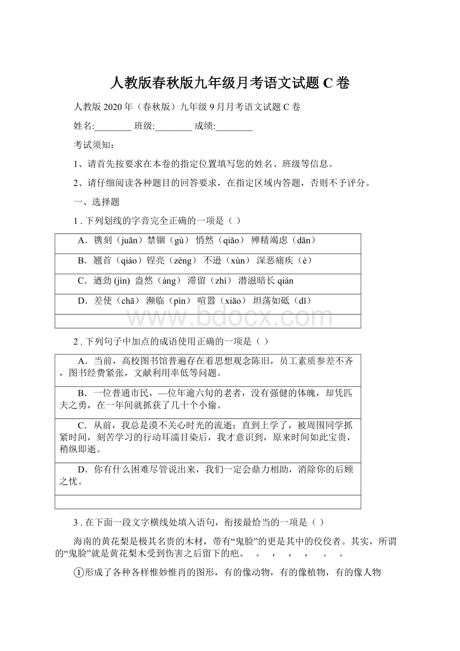 人教版春秋版九年级月考语文试题C卷.docx_第1页