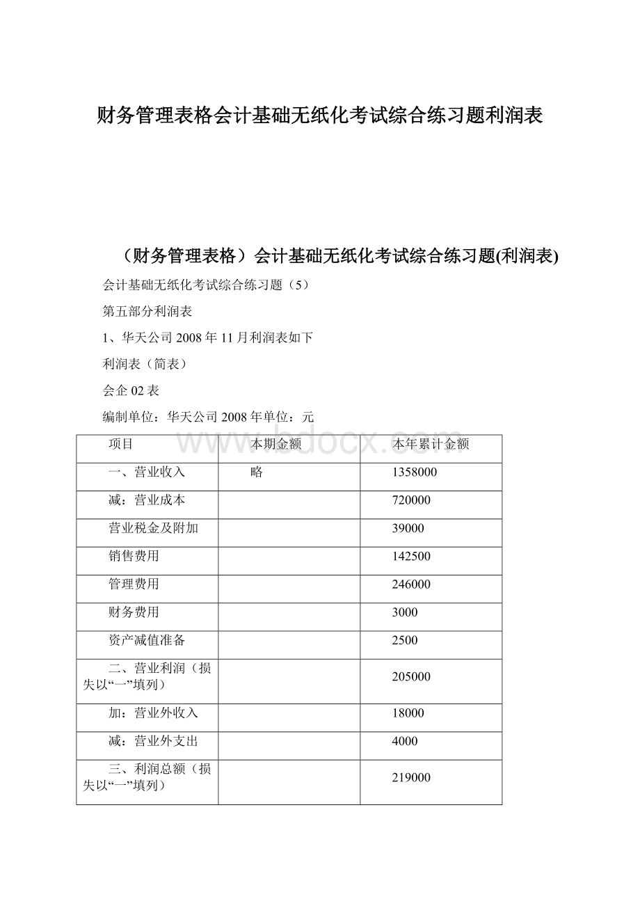 财务管理表格会计基础无纸化考试综合练习题利润表Word格式.docx_第1页