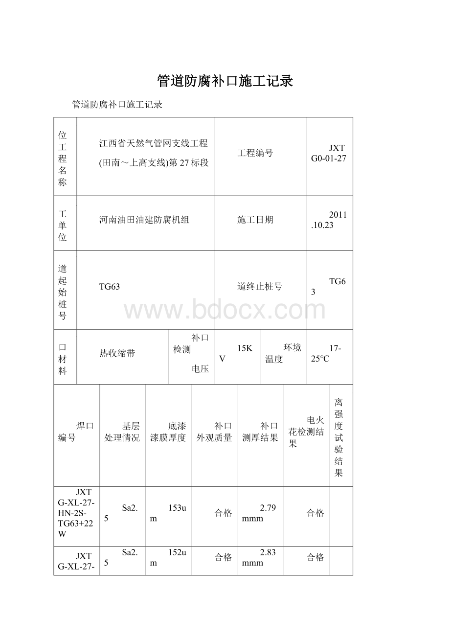 管道防腐补口施工记录Word下载.docx_第1页