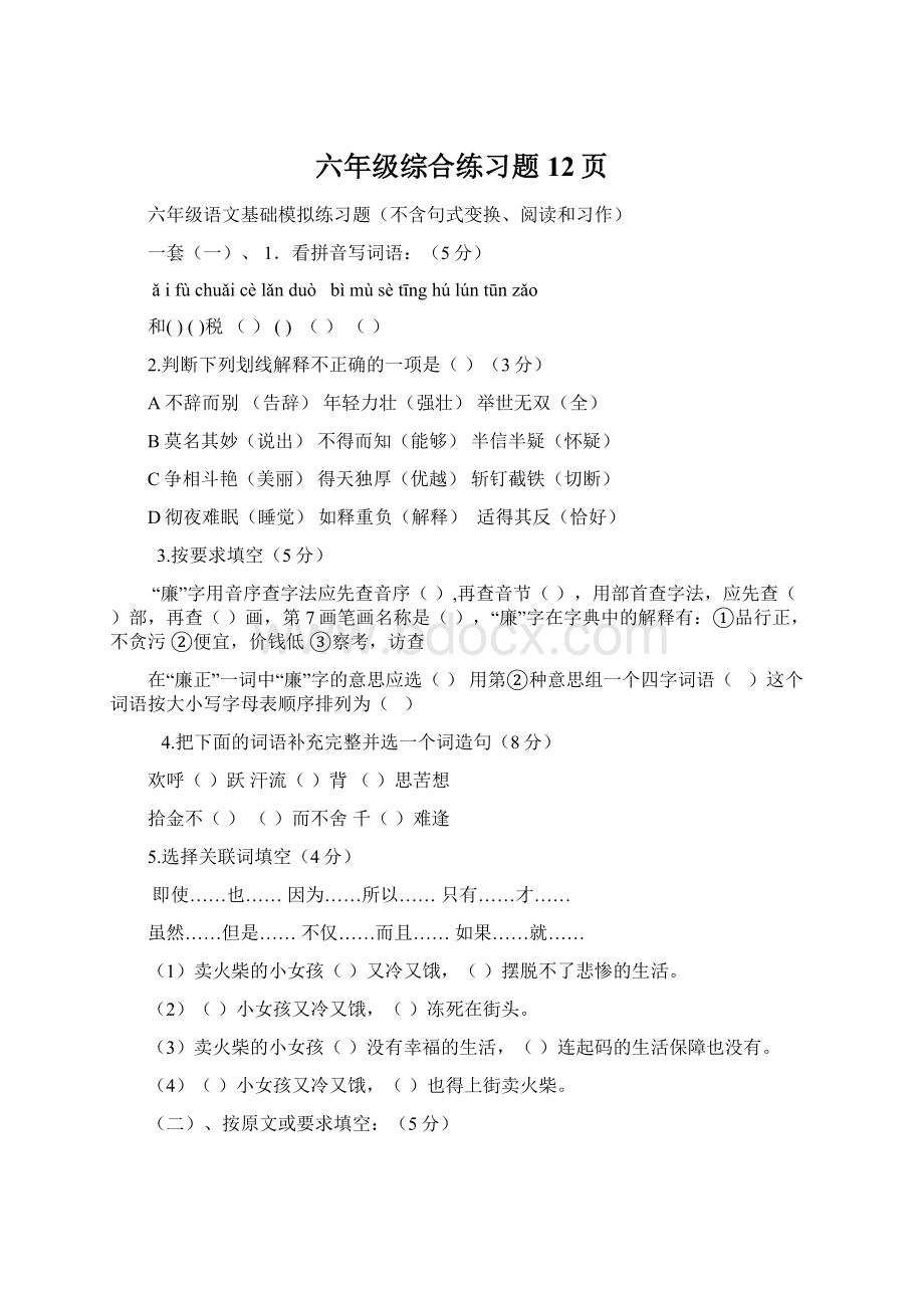 六年级综合练习题12页文档格式.docx