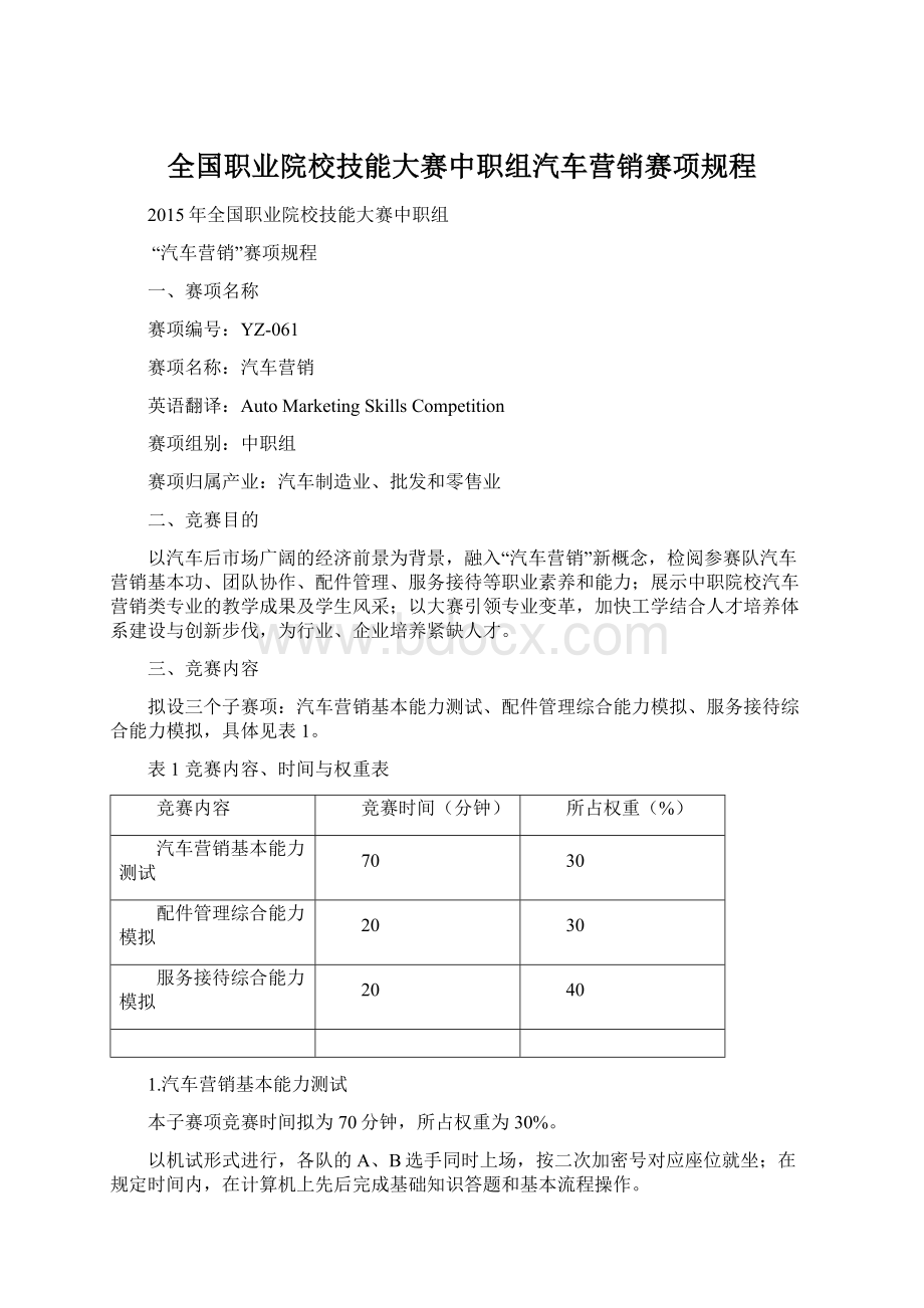 全国职业院校技能大赛中职组汽车营销赛项规程Word下载.docx