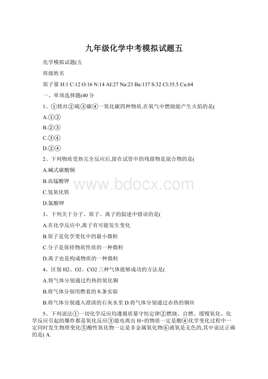 九年级化学中考模拟试题五.docx_第1页