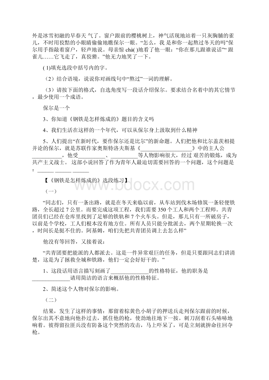 钢铁是怎样炼成的中考名著导读及考点训练习题文档格式.docx_第2页