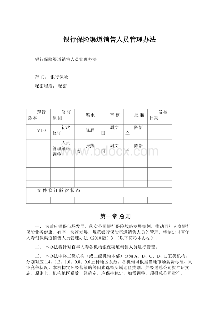 银行保险渠道销售人员管理办法Word格式.docx