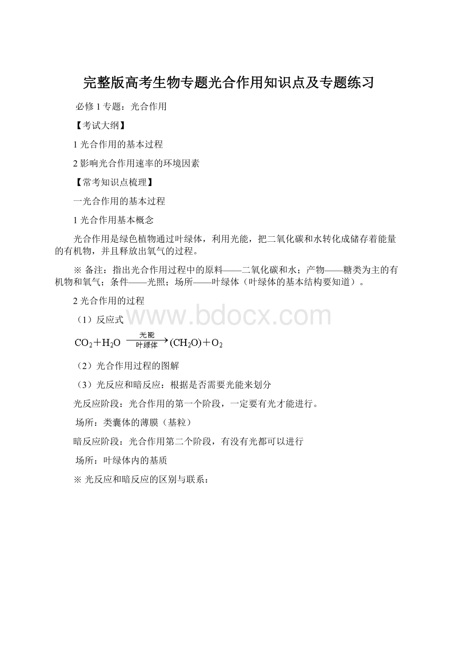 完整版高考生物专题光合作用知识点及专题练习Word格式文档下载.docx