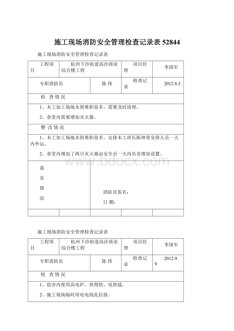 施工现场消防安全管理检查记录表52844.docx_第1页