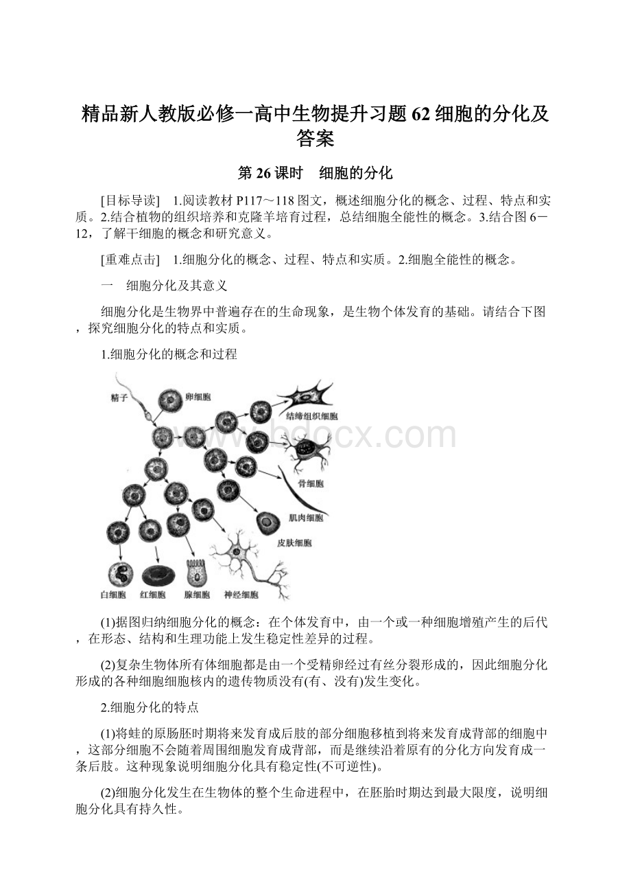 精品新人教版必修一高中生物提升习题62细胞的分化及答案.docx_第1页