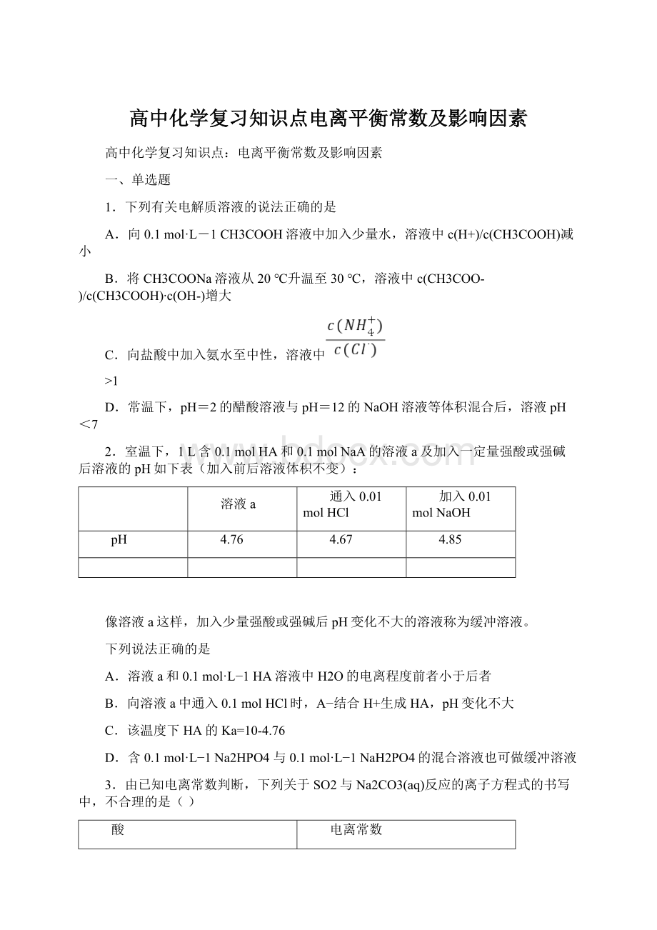 高中化学复习知识点电离平衡常数及影响因素.docx_第1页