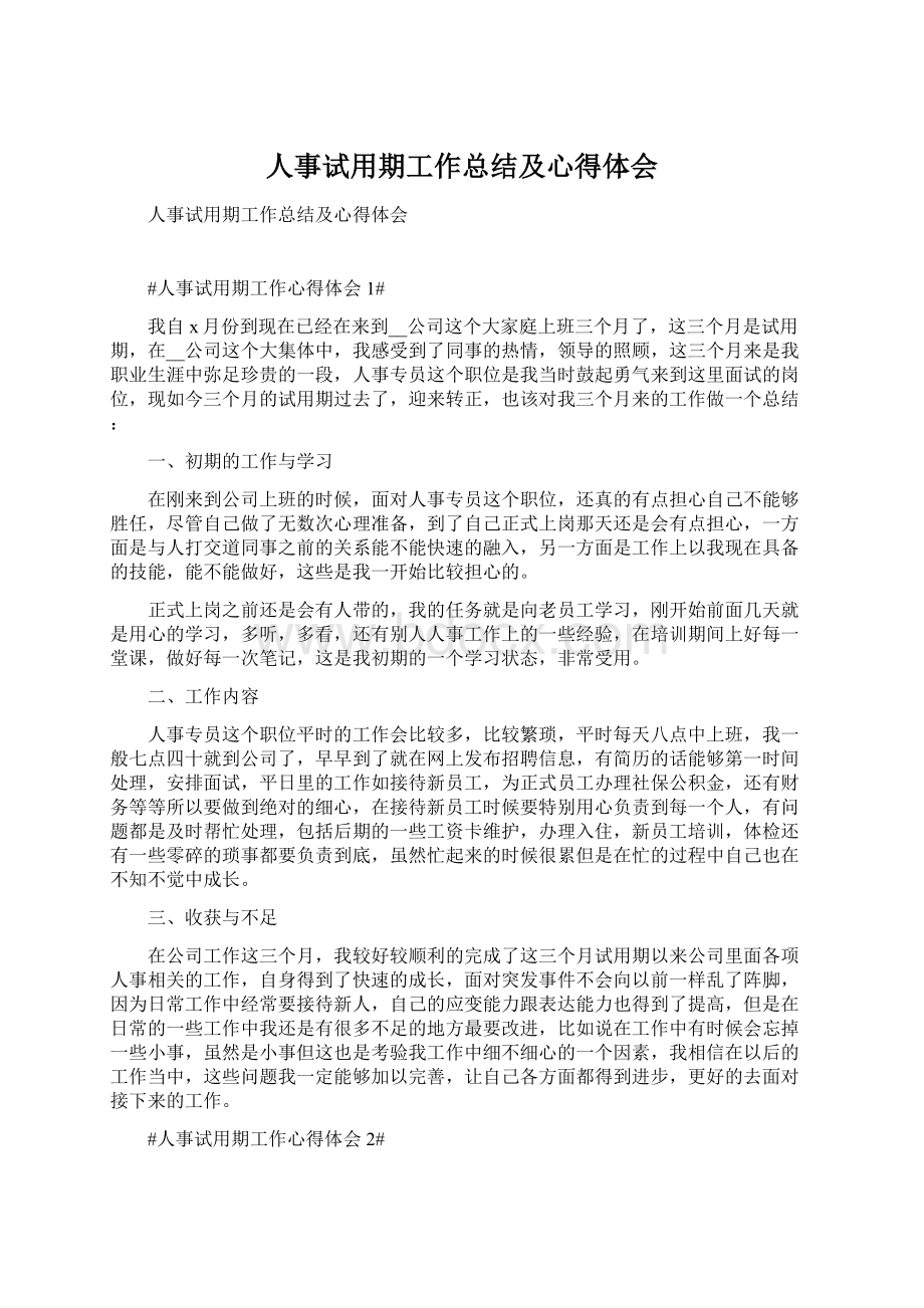 人事试用期工作总结及心得体会文档格式.docx