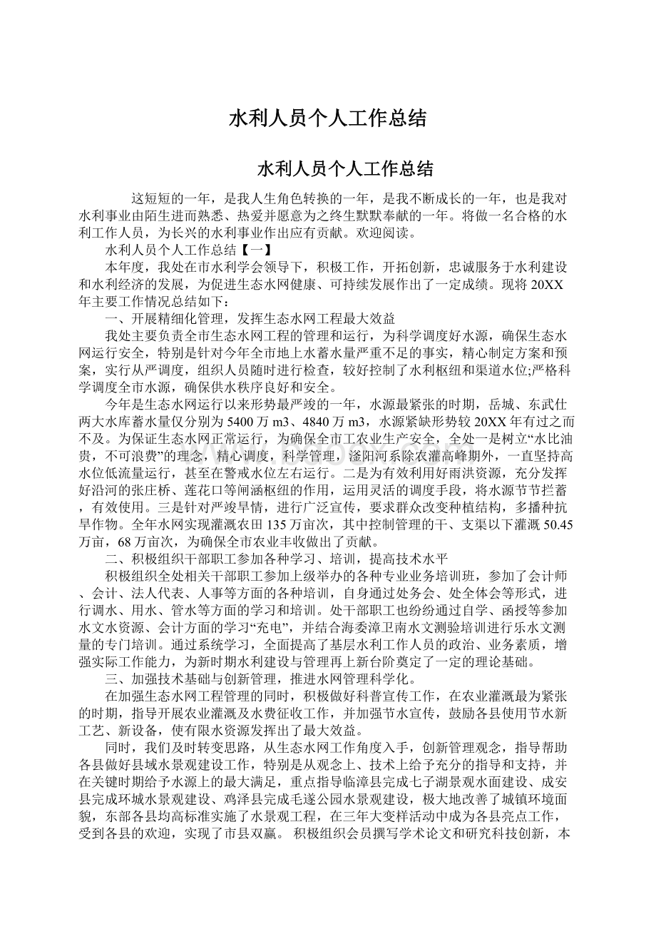 水利人员个人工作总结.docx_第1页