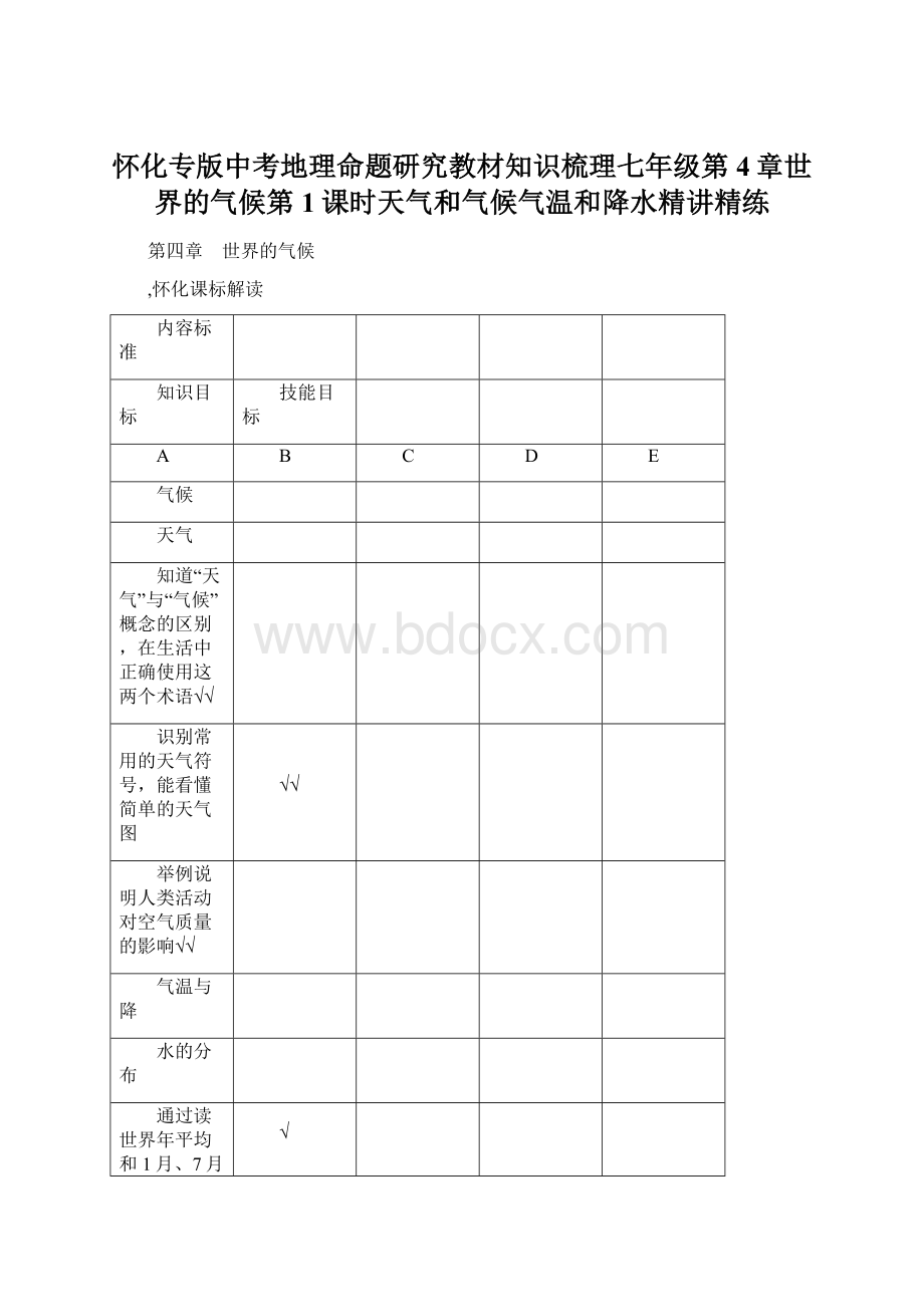 怀化专版中考地理命题研究教材知识梳理七年级第4章世界的气候第1课时天气和气候气温和降水精讲精练Word格式.docx