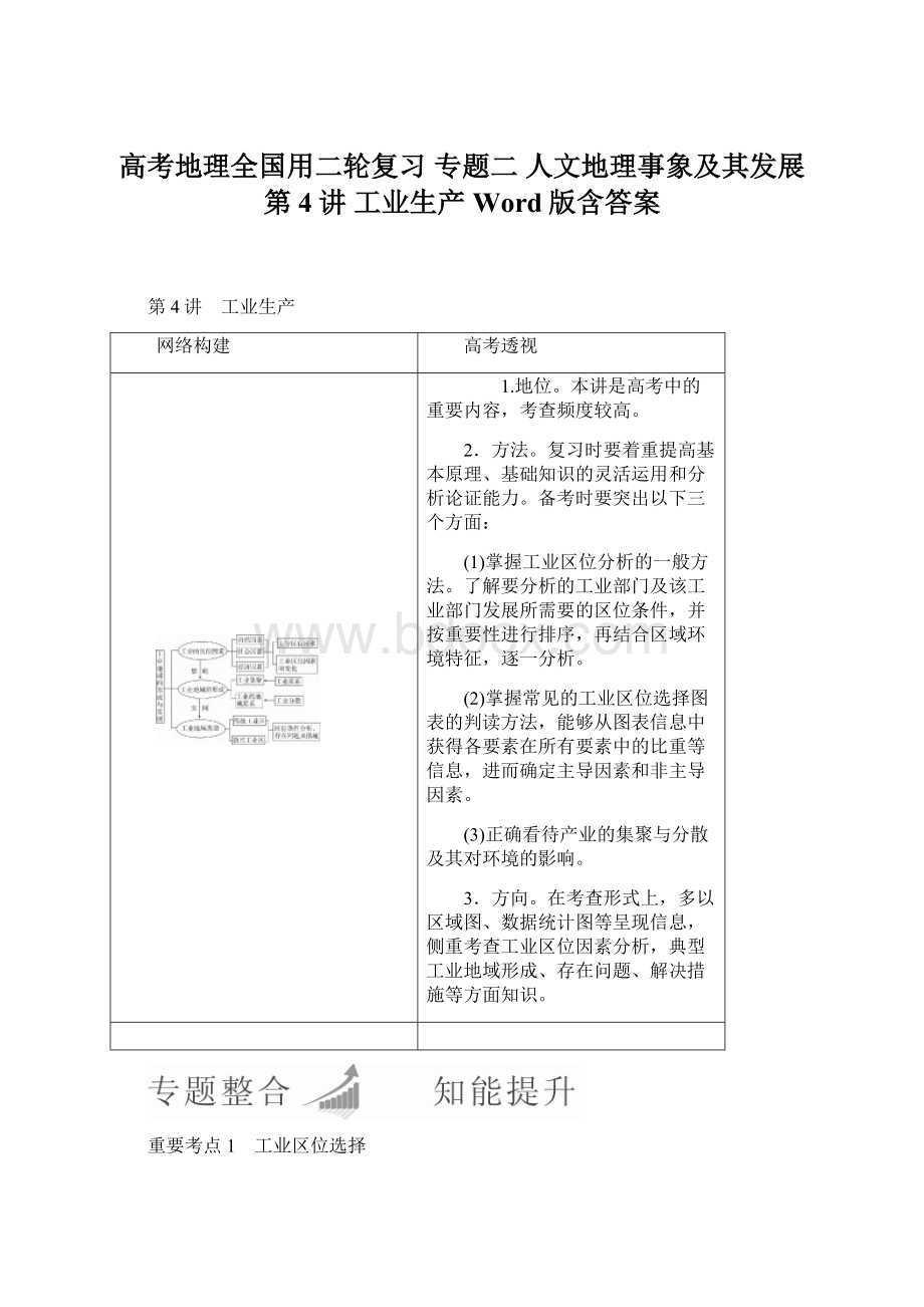 高考地理全国用二轮复习专题二 人文地理事象及其发展 第4讲 工业生产 Word版含答案.docx_第1页