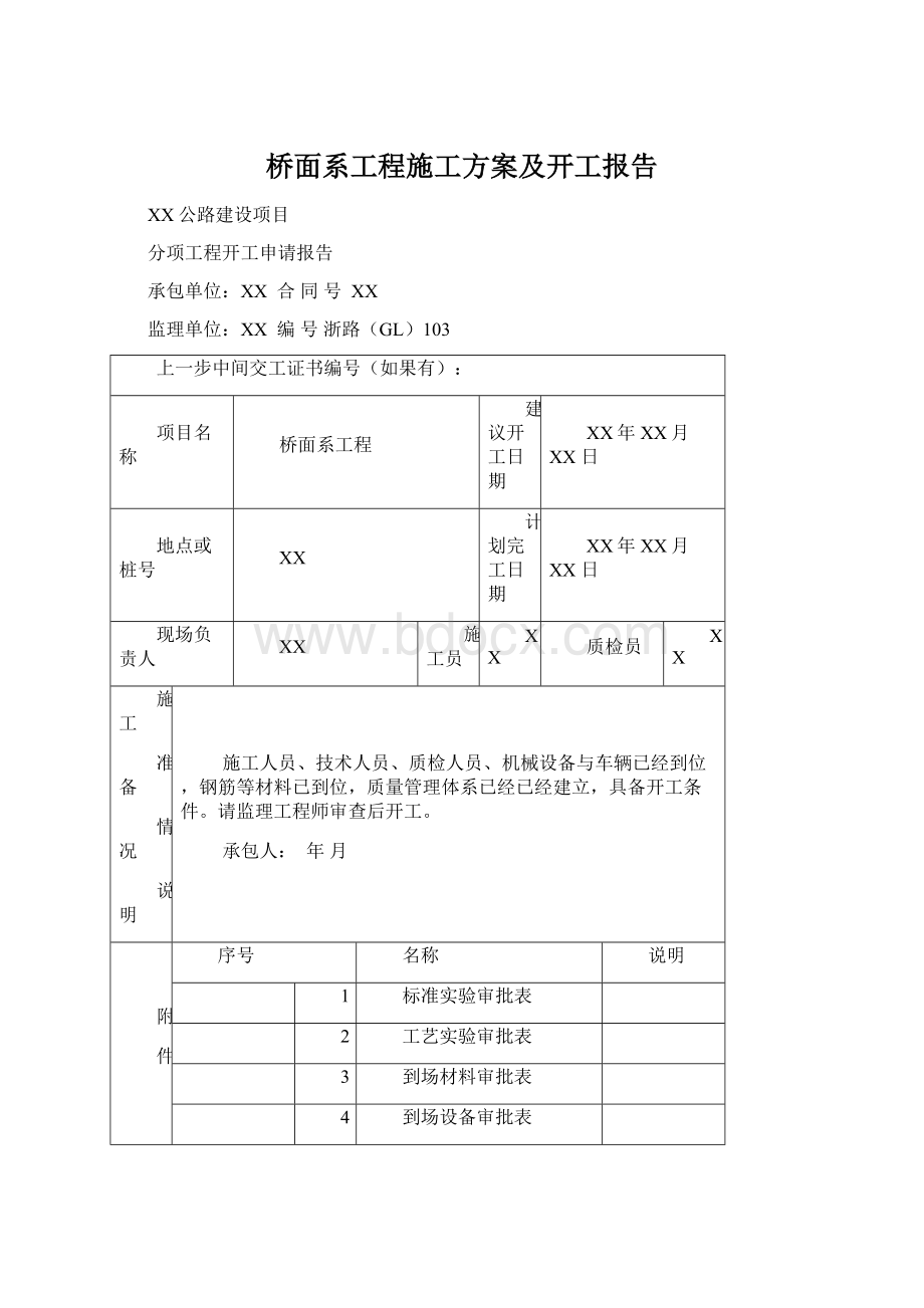 桥面系工程施工方案及开工报告Word文档下载推荐.docx_第1页