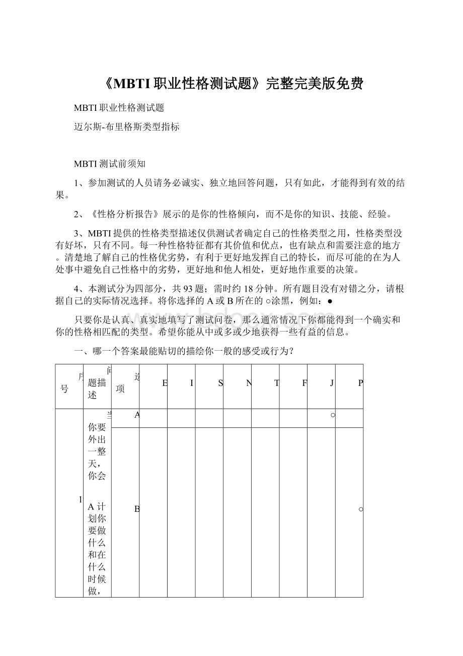 《MBTI职业性格测试题》完整完美版免费.docx