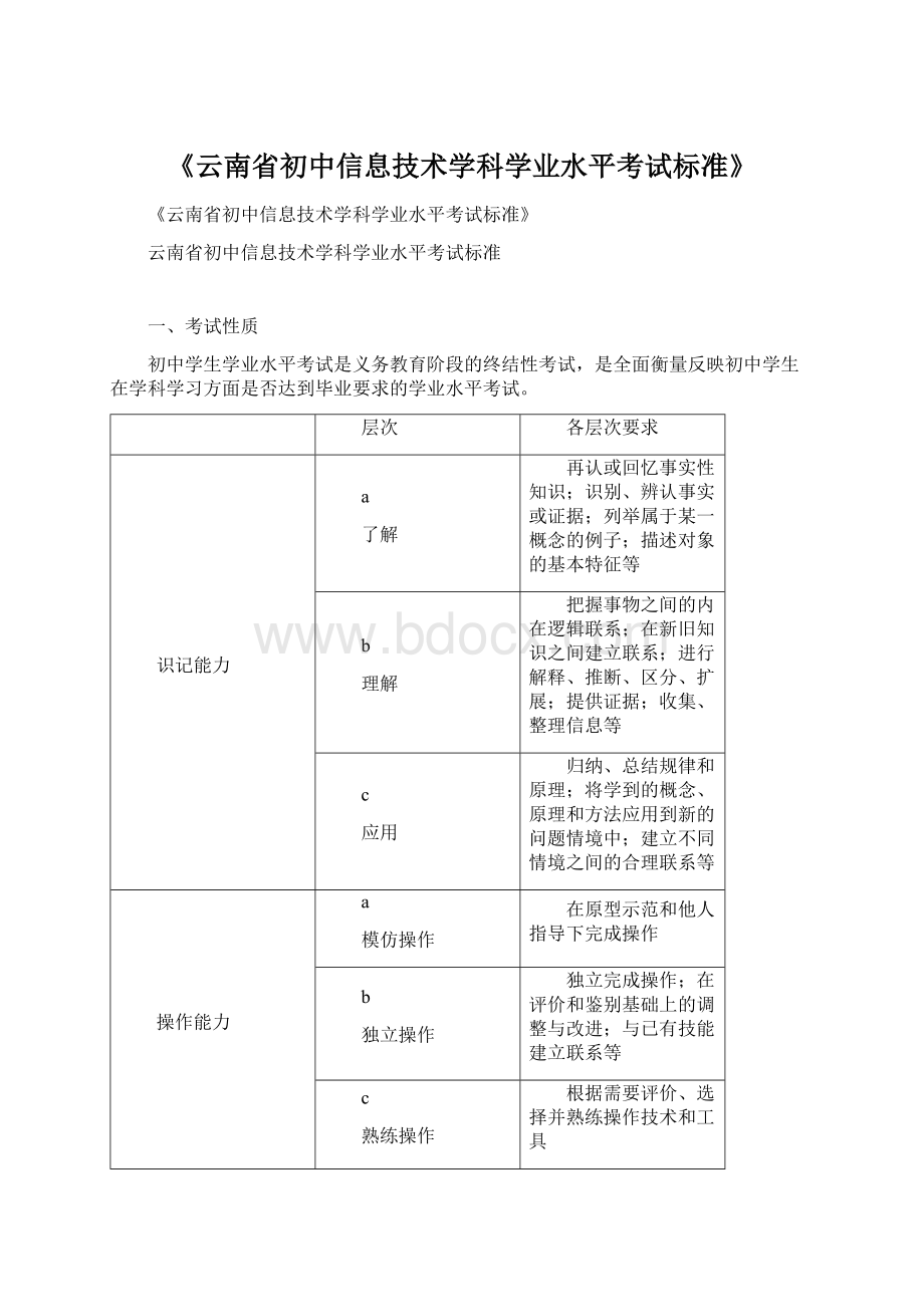 《云南省初中信息技术学科学业水平考试标准》Word格式文档下载.docx