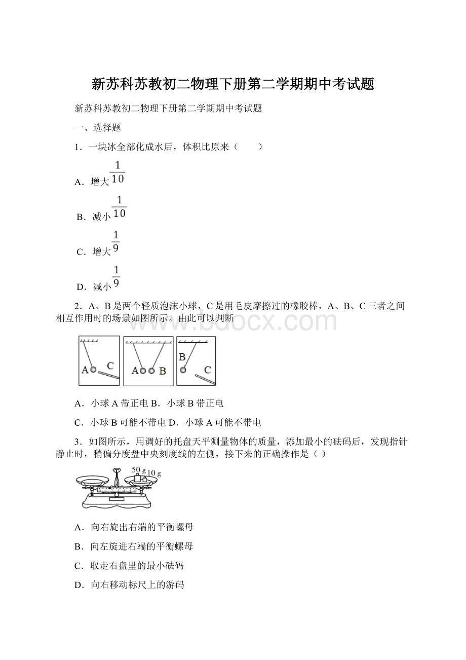 新苏科苏教初二物理下册第二学期期中考试题文档格式.docx