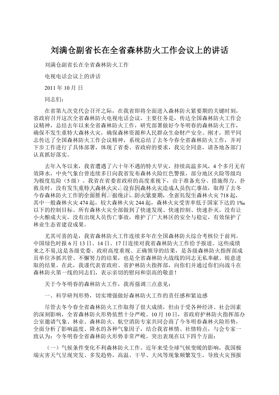 刘满仓副省长在全省森林防火工作会议上的讲话Word文档格式.docx