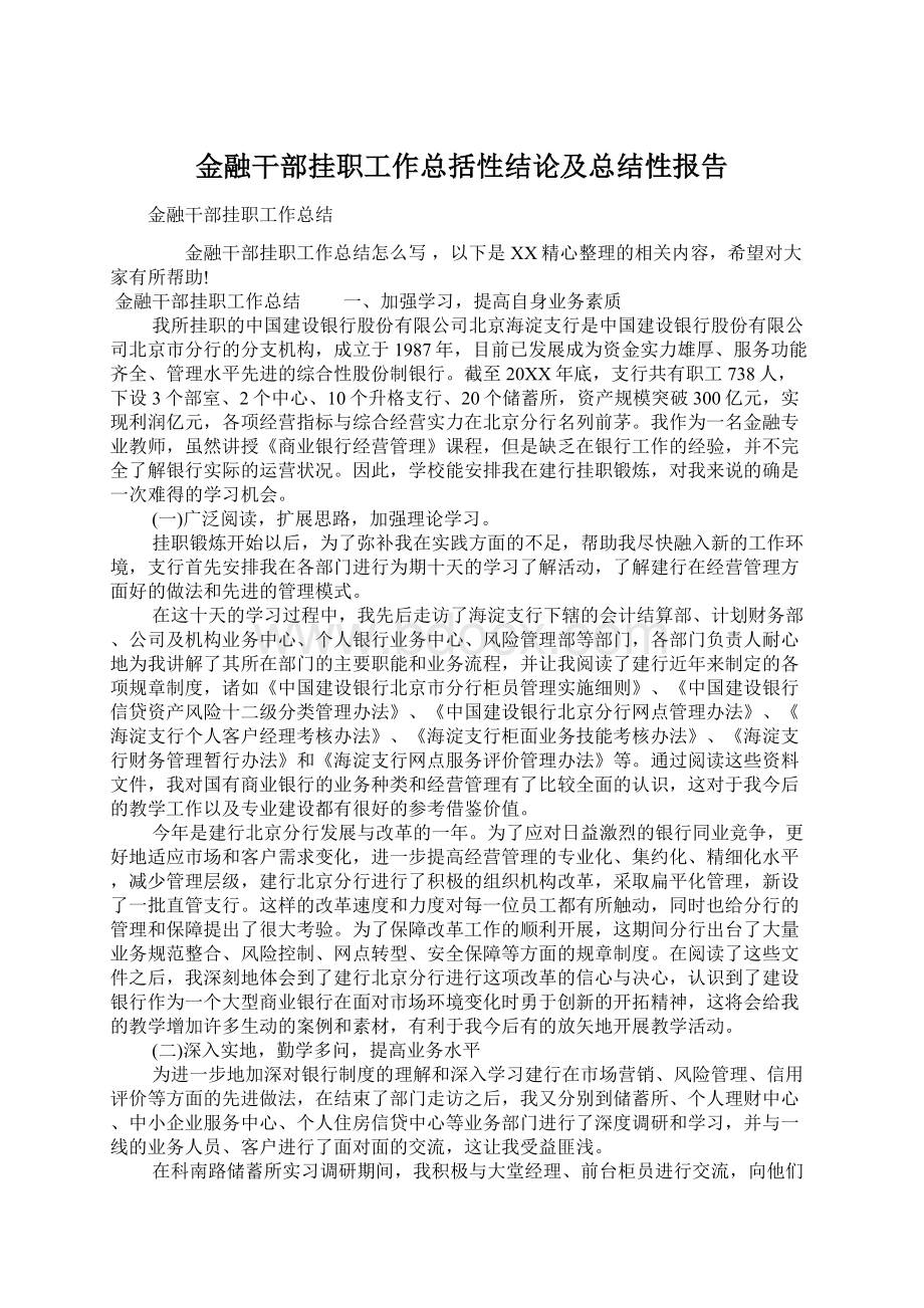 金融干部挂职工作总括性结论及总结性报告Word格式文档下载.docx