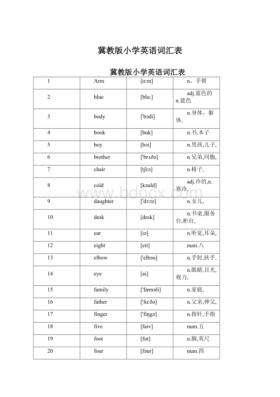 冀教版小学英语词汇表Word下载.docx