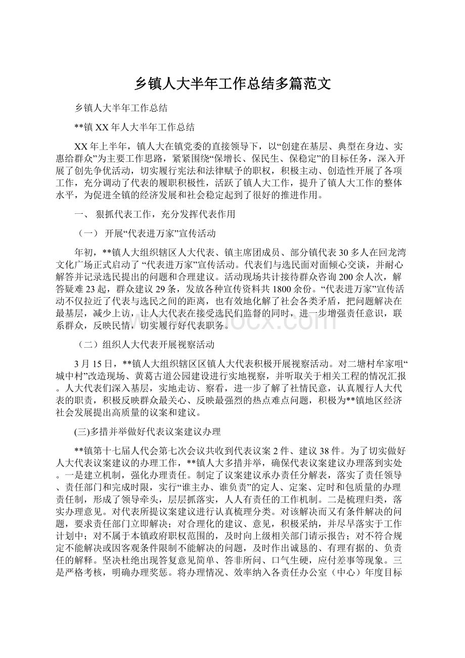 乡镇人大半年工作总结多篇范文Word格式文档下载.docx